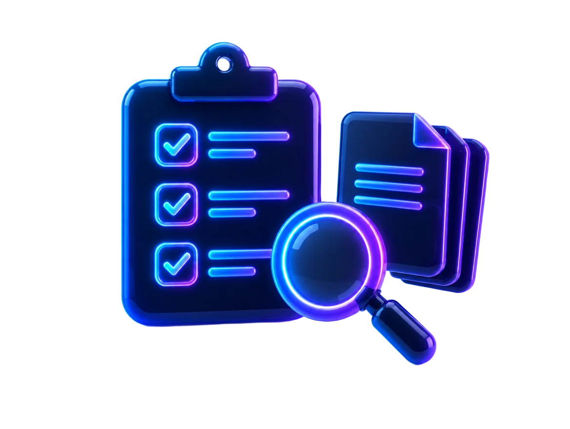Clipboard with checklist, magnifying glass and stacked documents representing a content audit