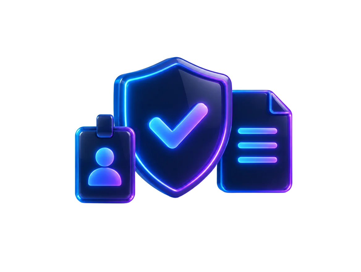 Shield with checkmark, ID badge and document icons representing experience, expertise, authority and trust