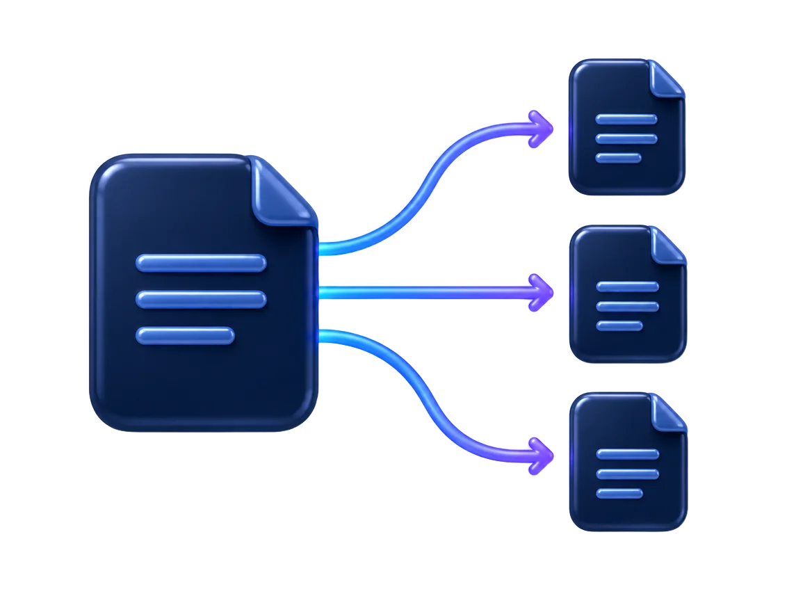 Glossy dark navy document connected by glowing blue-to-violet links to three source documents, representing outbound citations